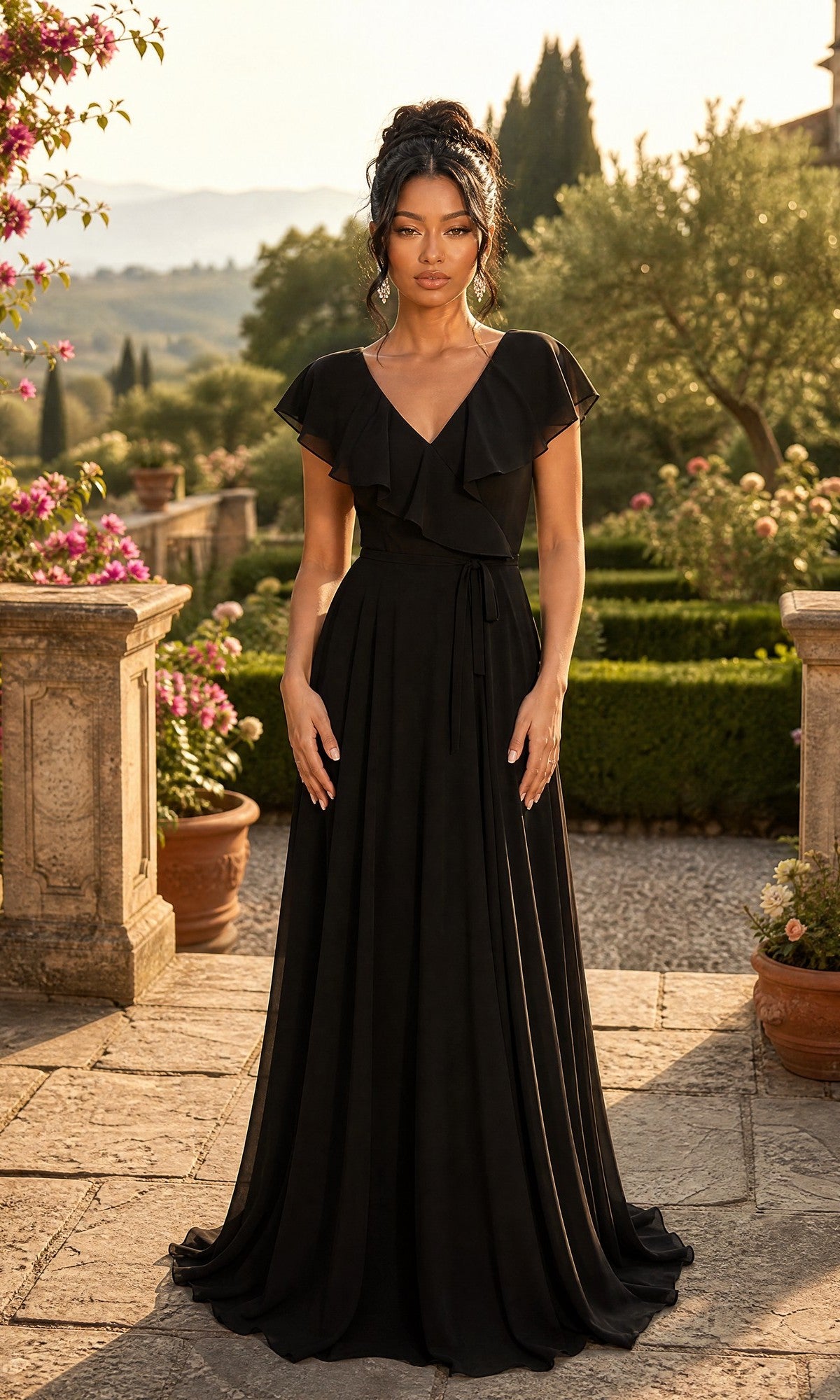 A woman stands outdoors in a sunlit garden, wearing the Long Formal Dress: Chicas C2403 in black—a floor-length chiffon gown featuring ruffled short sleeves, a waist tie, and an elegant A-line skirt that flows gracefully among the flowers and greenery.